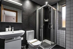 Un baño moderno con ducha envuelta en vidrio, un lavabo blanco y un inodoro.