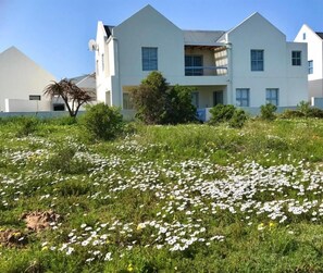 Ein modernes, zweistöckiges Gebäude mit Flachdach, umgeben von einer grünen Fläche mit weißen Blumen.