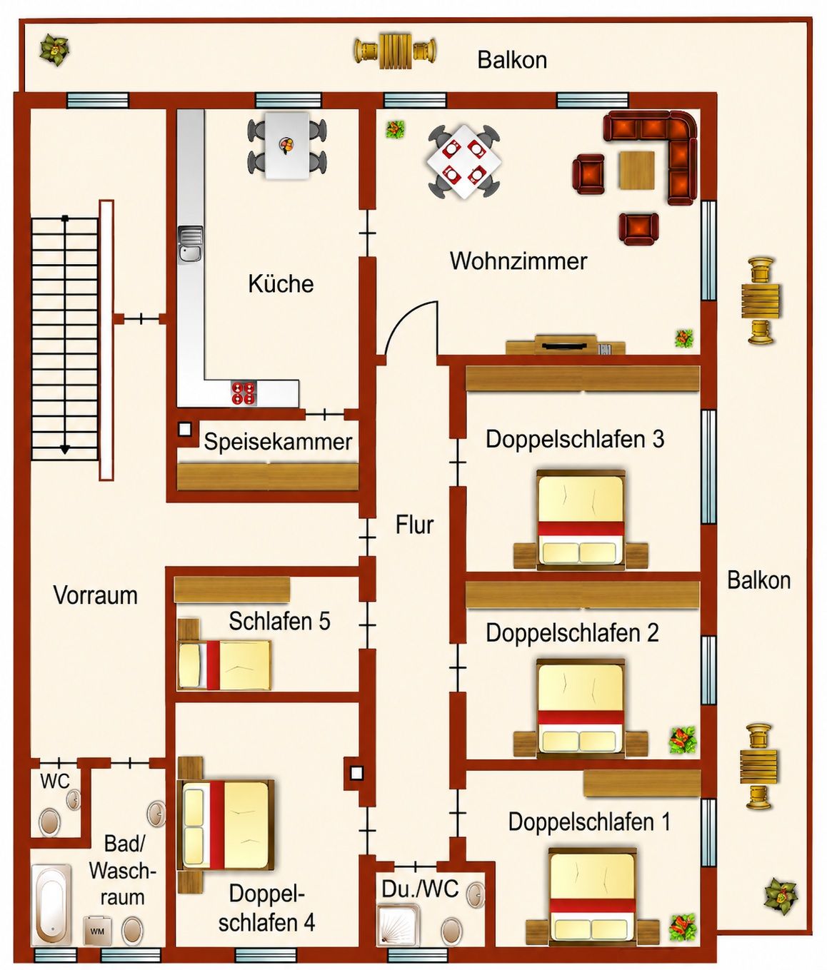 Een plattegrond van een hotelkamer met een keuken, eethoek, zithoek, drie slaapkamers, een badkamer en een balkon.