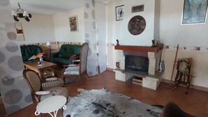 Ein Wohnzimmer mit Kamin, einer Couch, einem Esstisch und einem gemusterten Teppich.