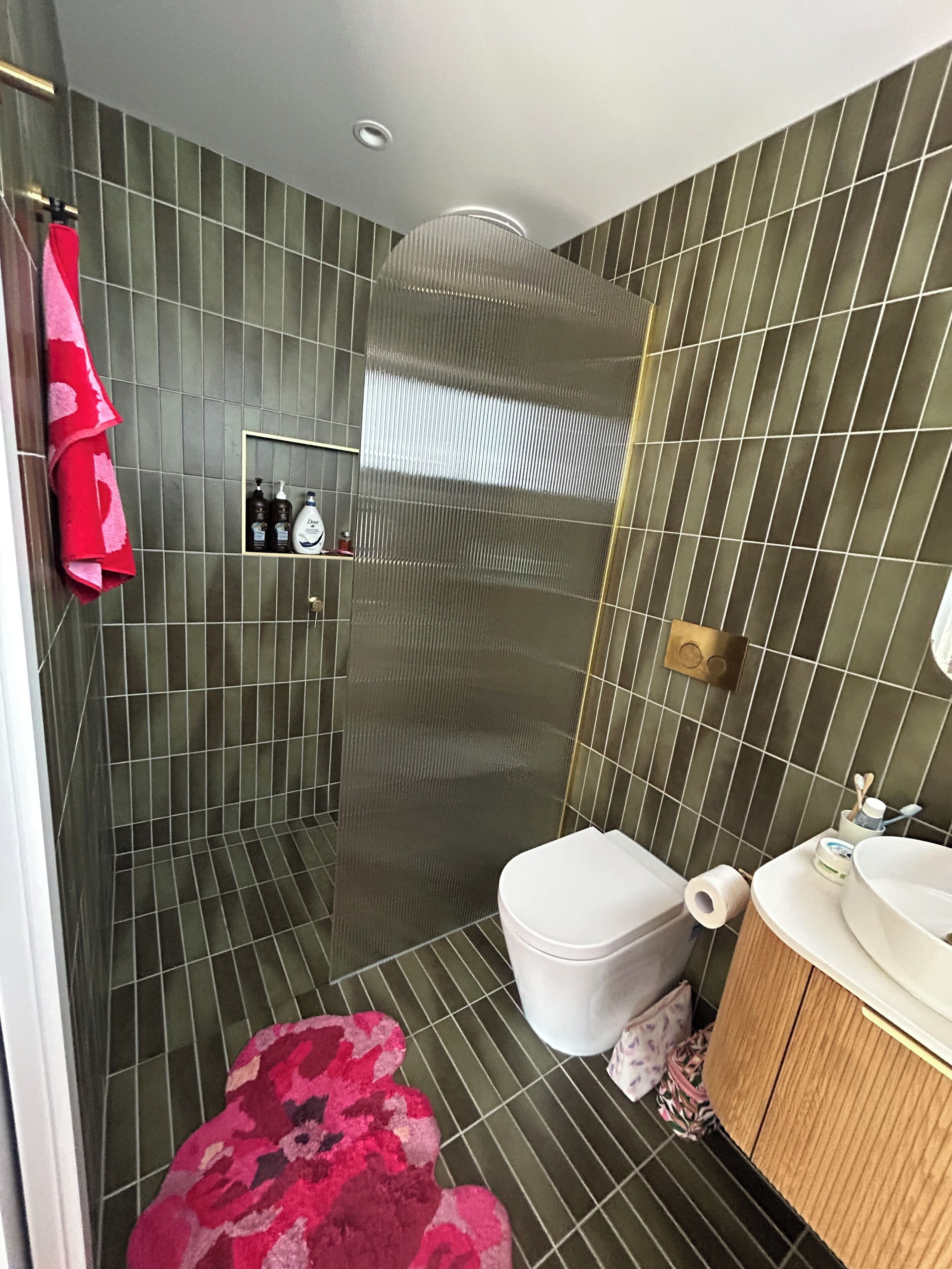 Shower, towels, soap, toilet paper