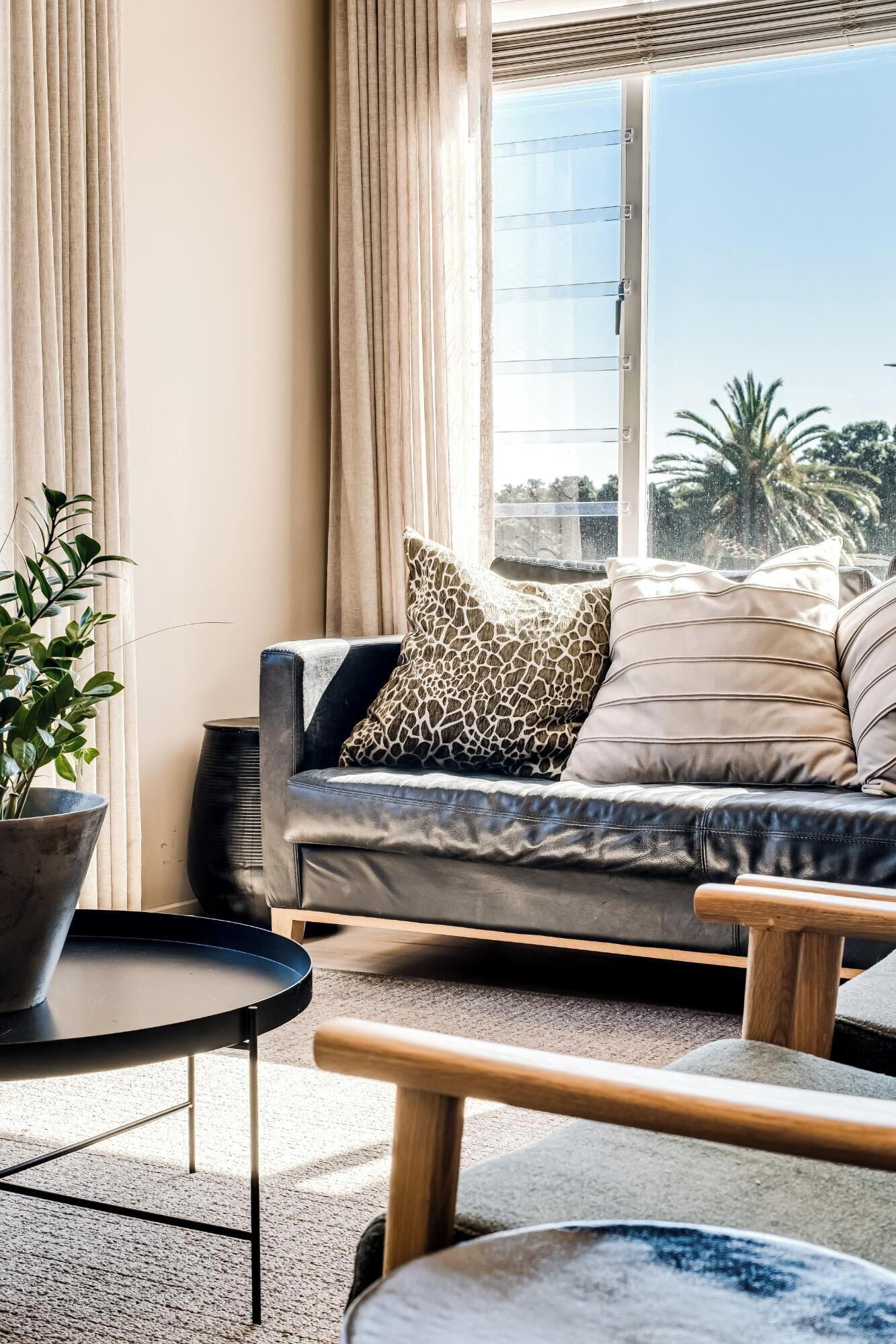 Un salon moderne avec un canapé, des coussins, une plante en pot et une vue sur des palmiers par la fenêtre.