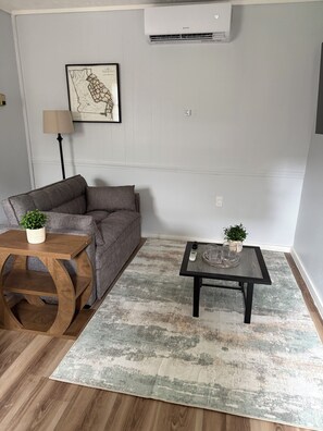 Ein Wohnzimmer mit grauem Sofa, einem Holztisch, einem kleinen Beistelltisch mit Pflanze, einem gemusterten Teppich und einer Klimaanlage an der Wand.
