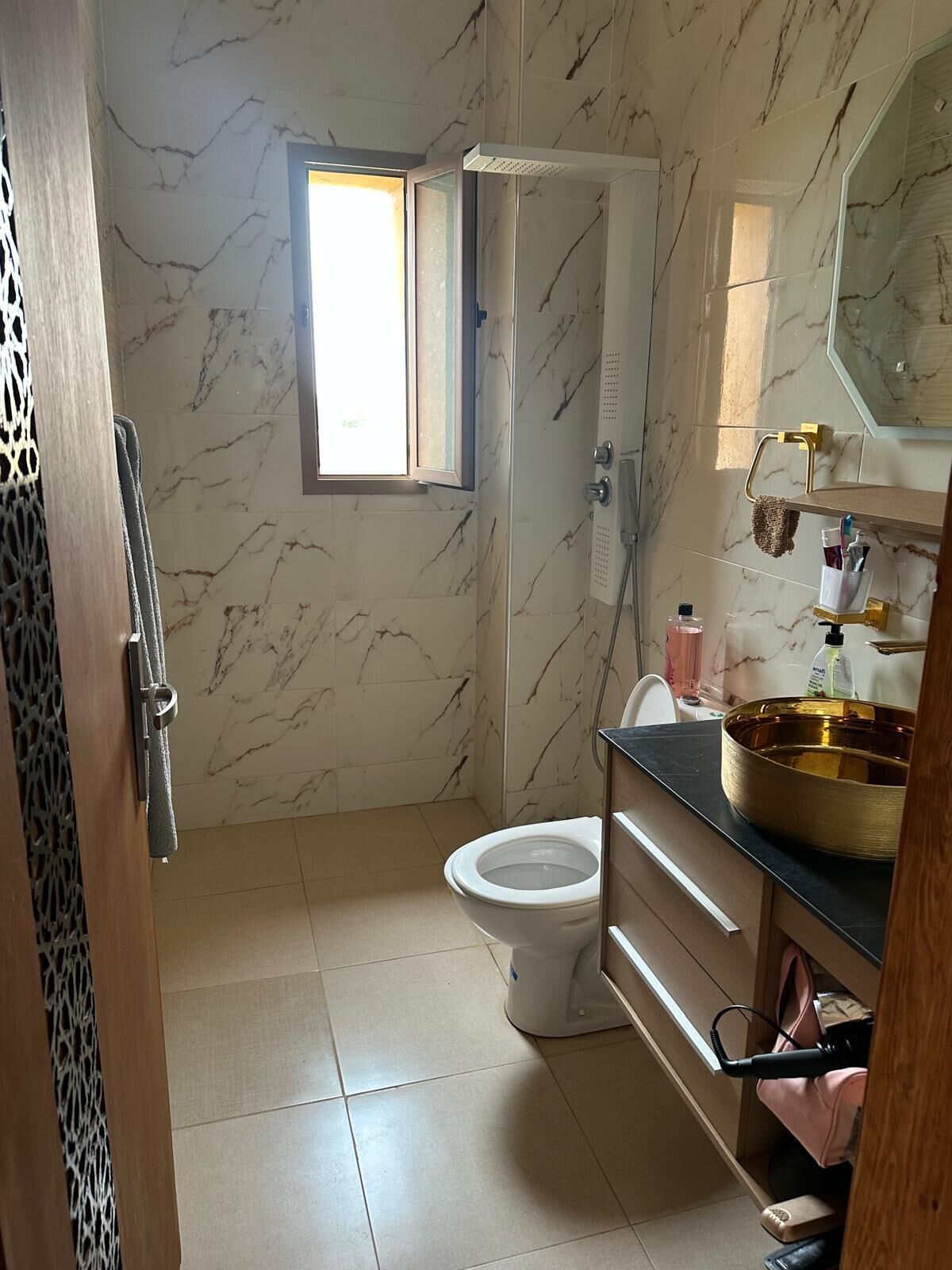 Shower, jetted tub, bidet, soap