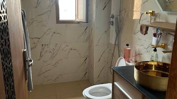 Shower, jetted tub, bidet, soap