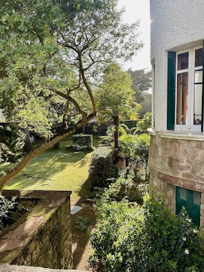 Ein Garten mit Steinmauer, Baum und einem Gebäude mit Fenster.