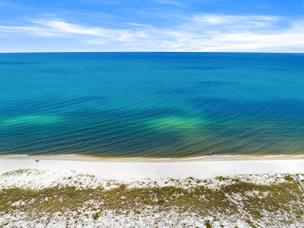 A beach with clear blue water, sandy shore, and sparse vegetation.