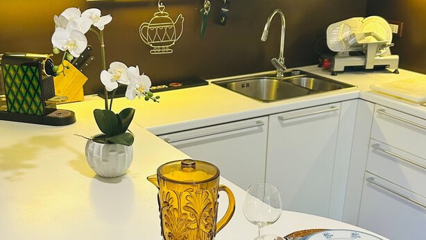 A kitchen with a white countertop, a sink, and a coffee machine. - Garden House, a Quiet Retreat Just 30 Minutes from Milan (Pavia)