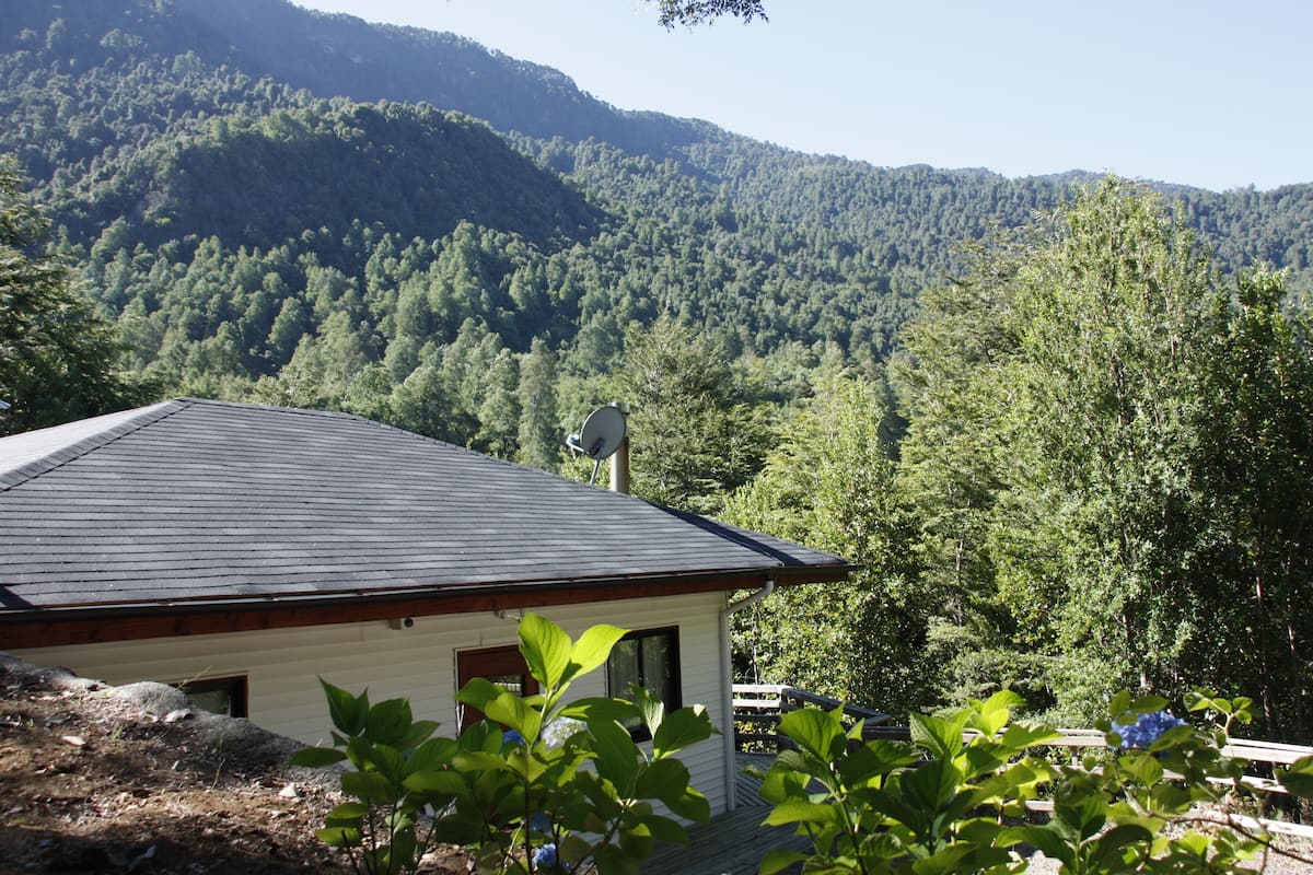 A house with a sloped roof, a small porch, and a view of a forested mountain.