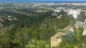 A coastal town with dense greenery, a prominent white building with a balcony, and a view of the sea.