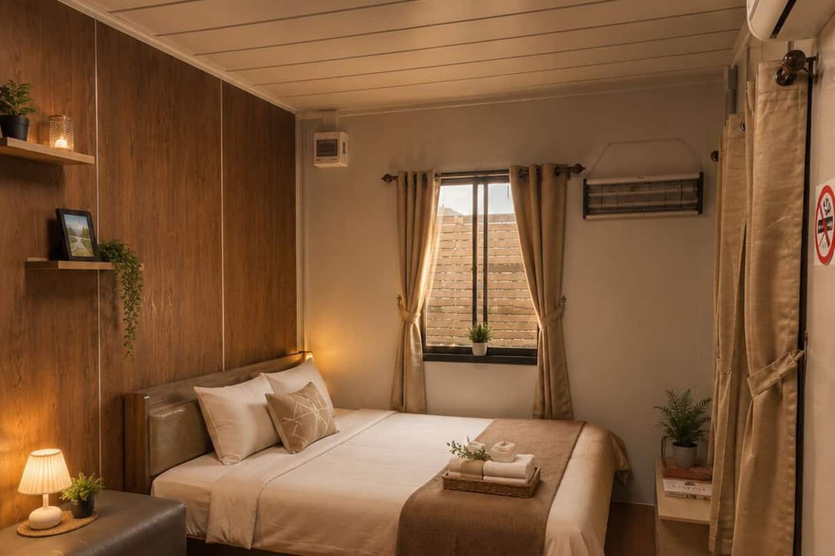 Un dormitorio con cama, mesita de noche, lámpara y ventana con cortinas.