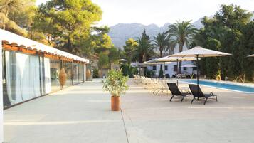 A poolside area with lounge chairs and umbrellas, a potted plant, and a building with a tiled roof.