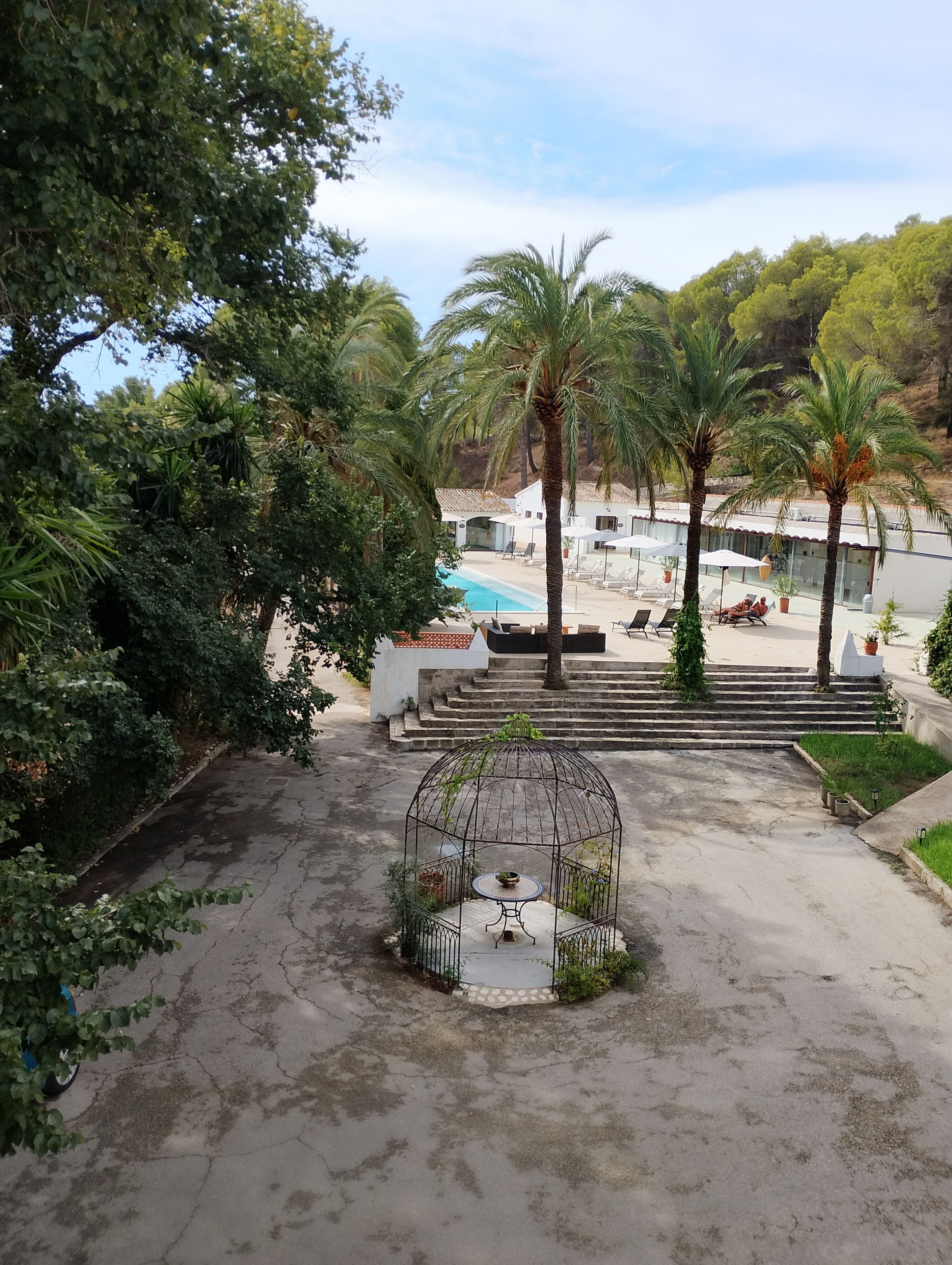 A pool area with palm trees, a gazebo, and steps leading to a building.