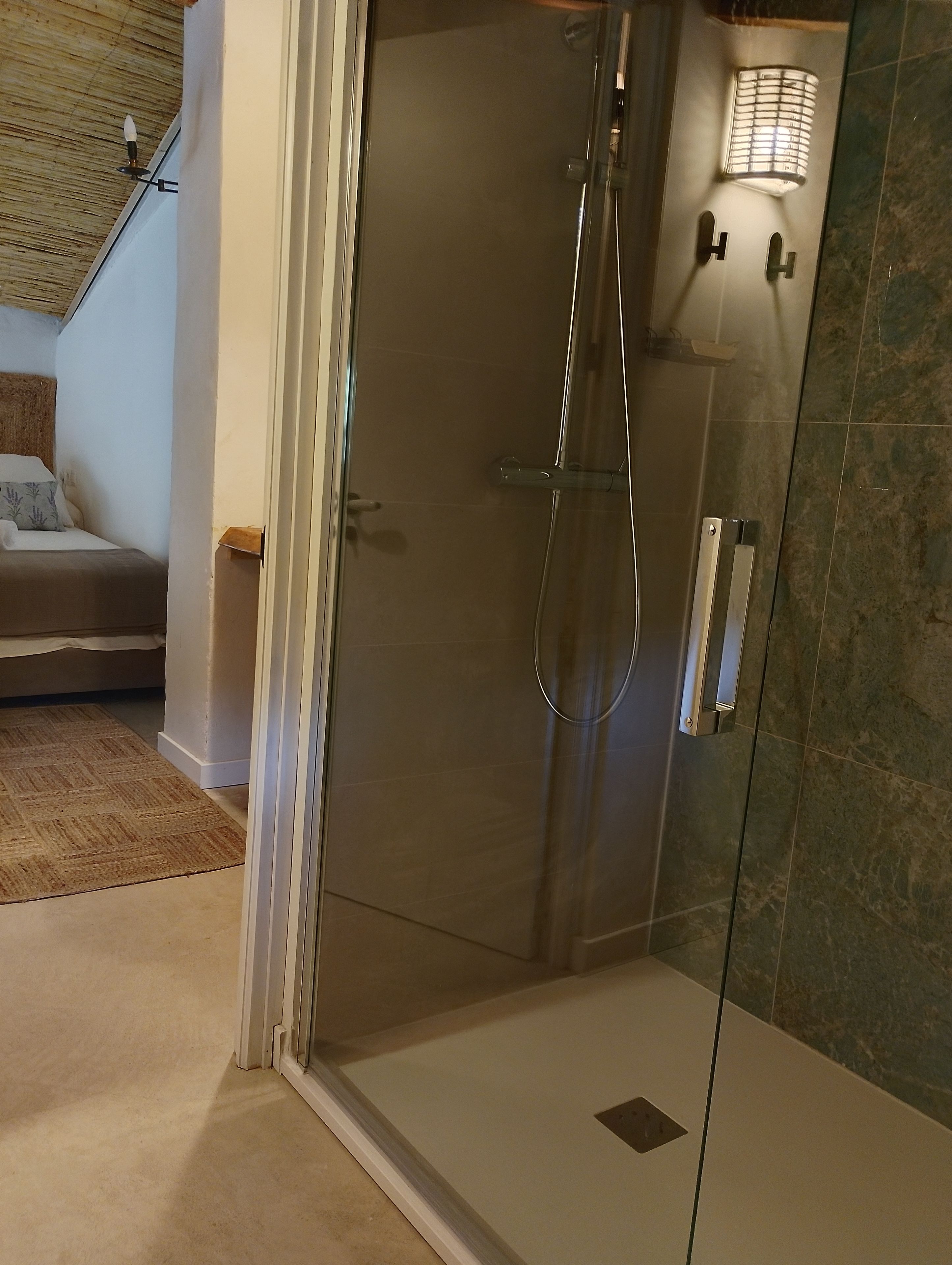 Un baño moderno con cabina de ducha de vidrio, un perchero y un aplique de pared.