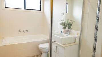 Hair dryer, towels, soap, toilet paper