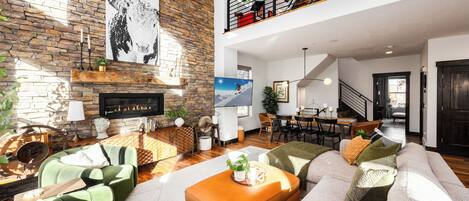 Smart TV, fireplace, video library