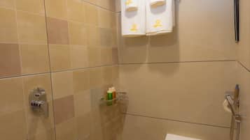 Douche, serviettes fournies, savon, papier toilette