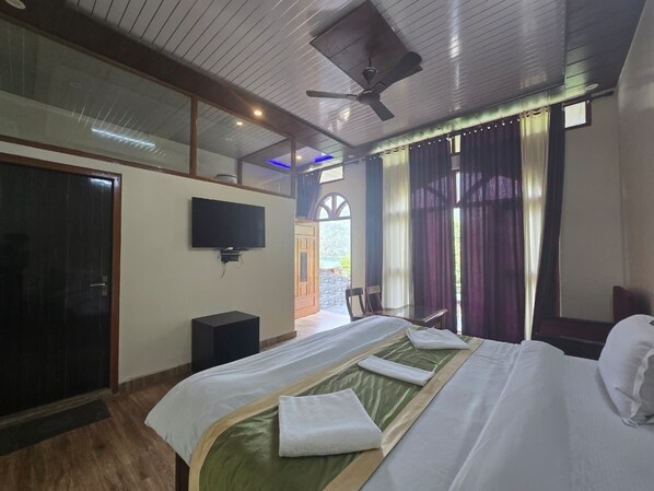 A hotel room with a bed, a television, a ceiling fan, and a view of the outdoors.