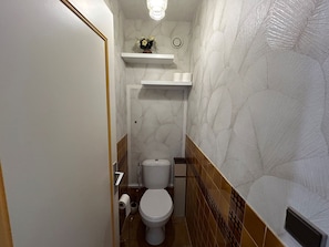 Ein Badezimmer mit Toilette, Ablagefläche für Pflegeprodukte und einem dekorativen Wandmuster.