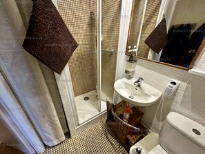 A bathroom with a shower, a sink, a toilet, and a mirror. - Duplex with lake view - 4 guests (Les Angles)
