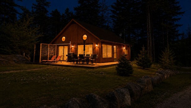 A wooden cabin with a porch, large windows, and a satellite dish.