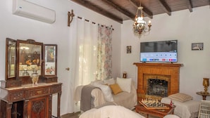Una stanza con camino, televisore, scacchiera e specchio.