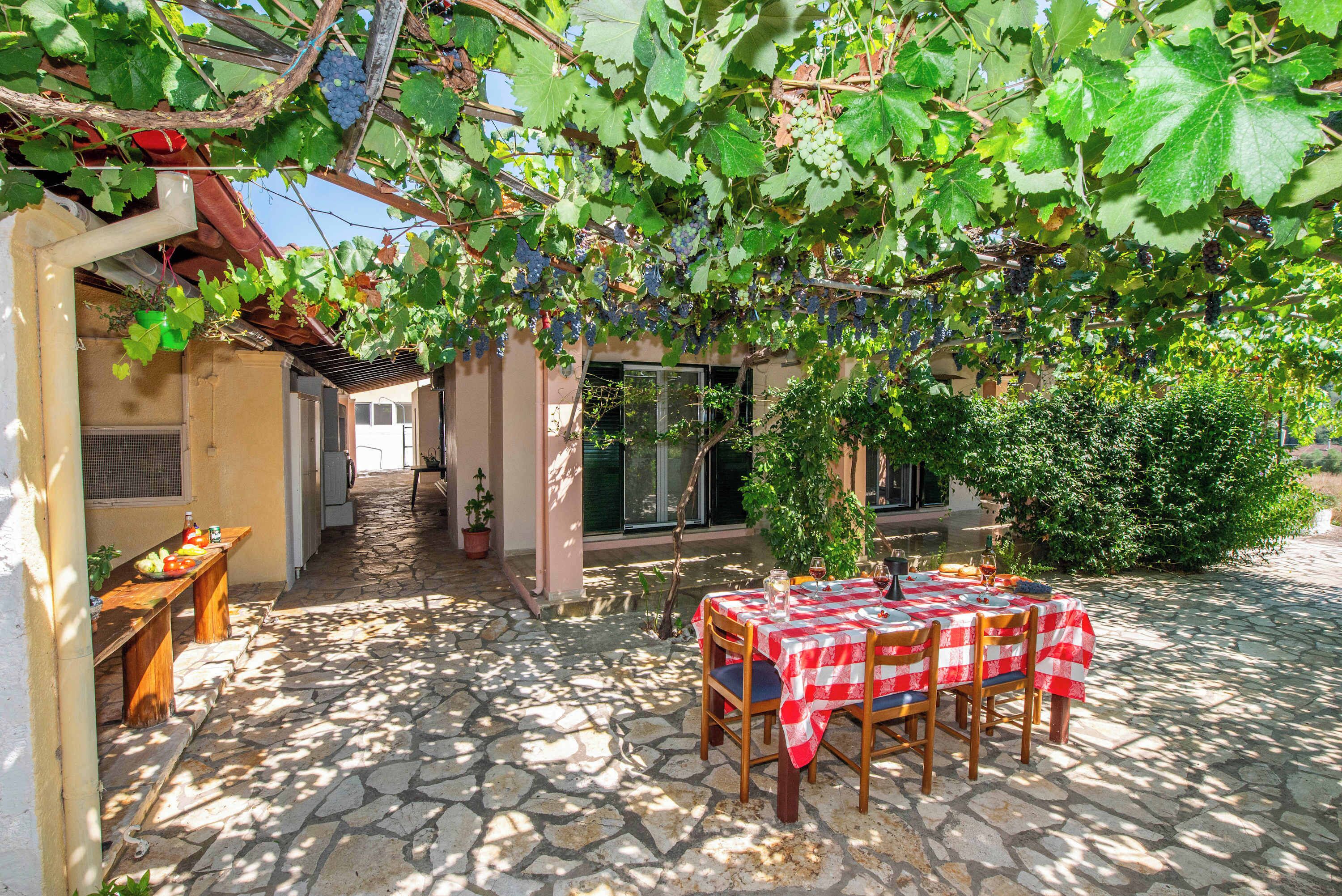 Shaded outdoor dining area surrounded by greenery