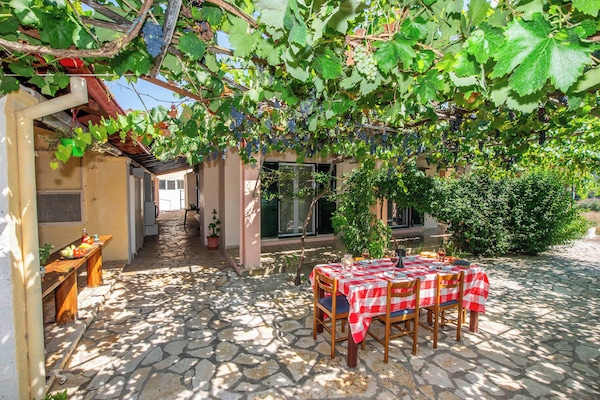 Shaded outdoor dining area surrounded by greenery