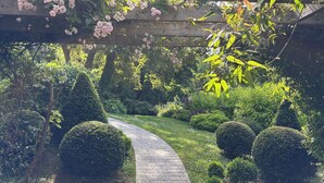Un sendero en un jardín con setos cuidadosamente recortados y un pérgola de madera cubierta de enredaderas con flores.