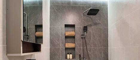 Hair dryer, towels, toilet paper