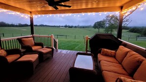 Une terrasse extérieure couverte, aménagée avec des meubles en osier, un barbecue et des guirlandes lumineuses.