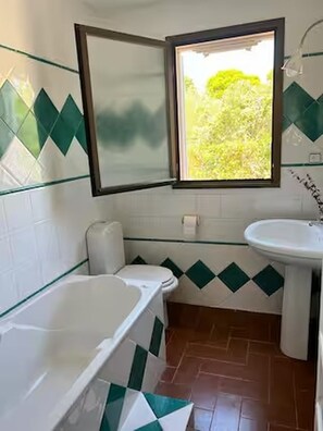 Hair dryer, bidet, towels, soap