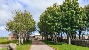 A gravel path leading to a stone wall and buildings with a clear sky. - The Bothy in Fraserburgh (Fraserburgh)