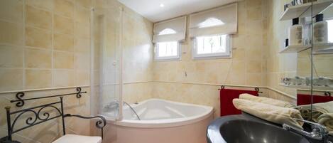 Hair dryer, towels, soap, toilet paper