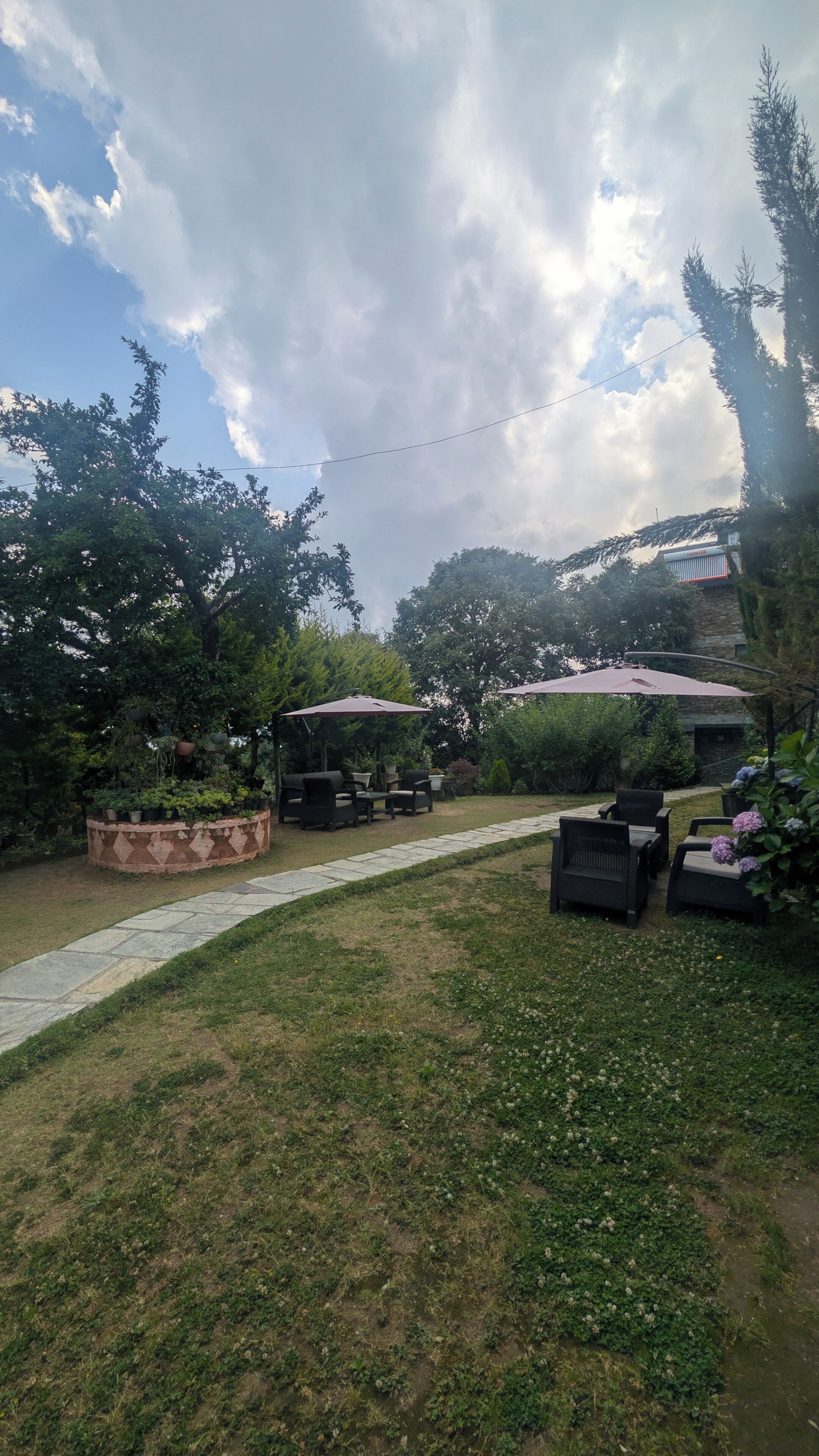A garden with a paved walkway, outdoor furniture, and potted plants.