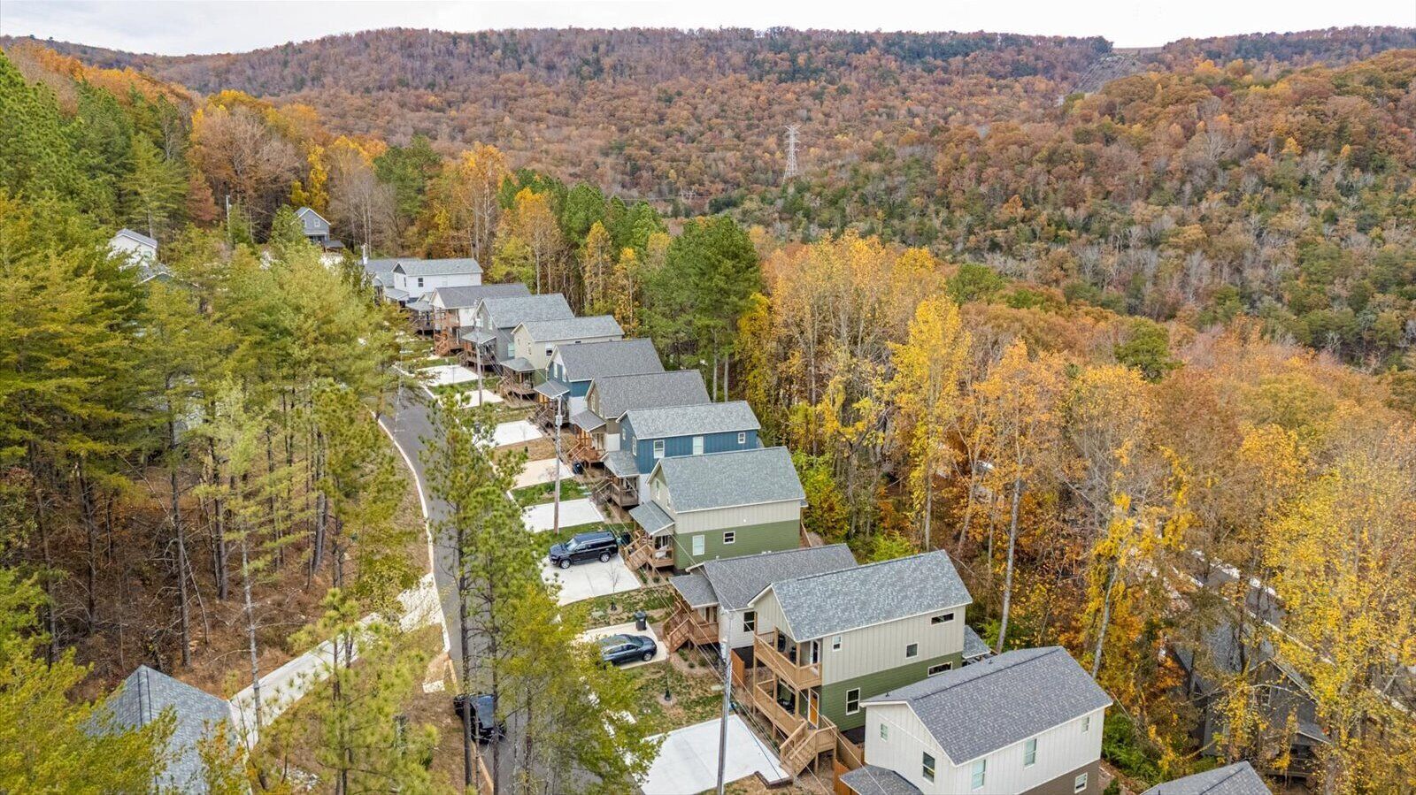 A row of houses with a road in front, surrounded by autumn-colored trees.