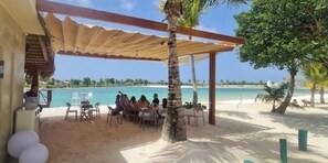 Ein überdachter Sitzbereich im Freien mit Tischen und Stühlen, einer Palme und Blick auf Strand und Meer.