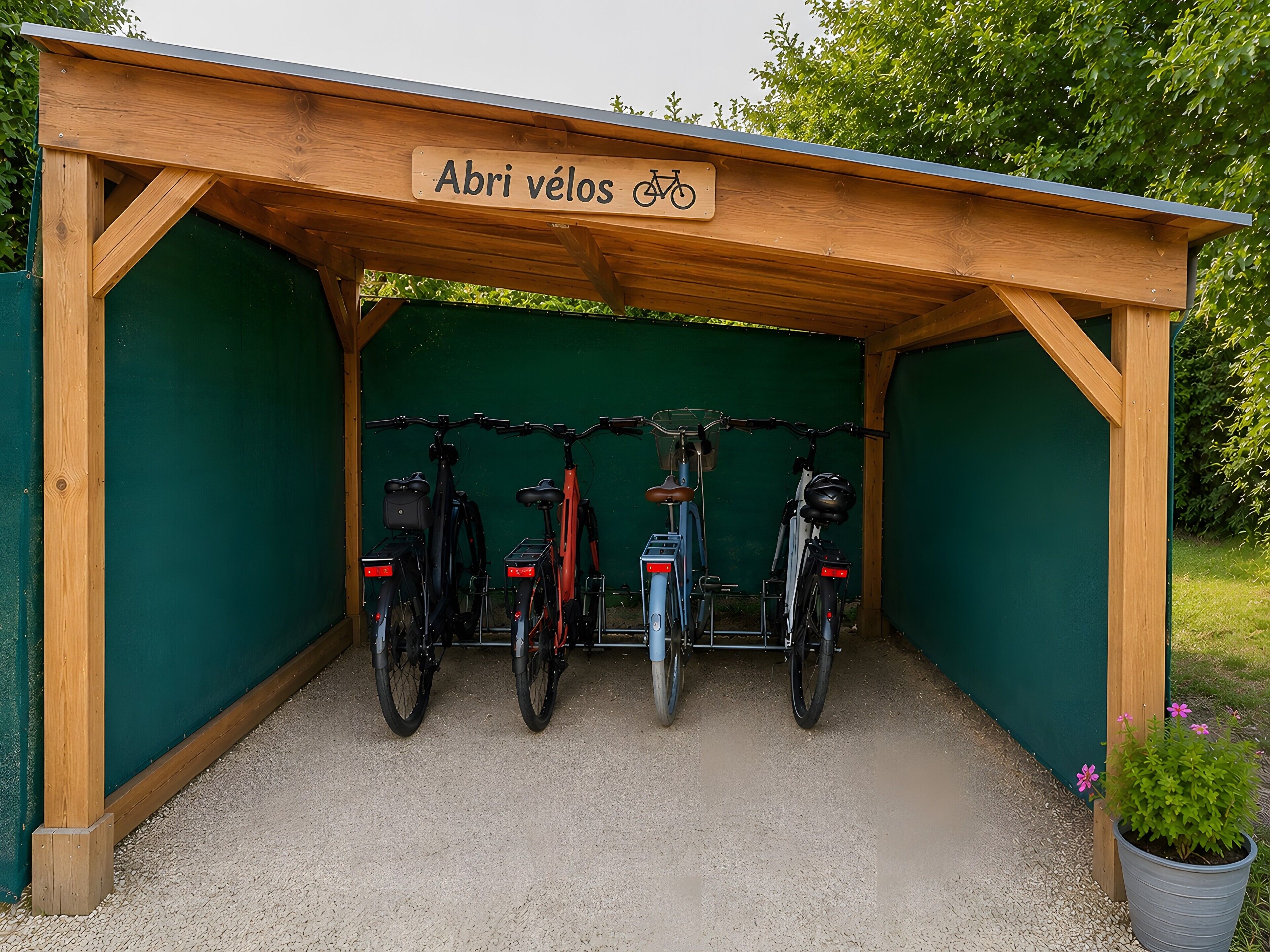 Een overdekte fietsenstalling met een bord waarop staat dat het voor fietsen is.