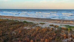 Paisagem costeira com vista para o oceano e vegetação praiana.