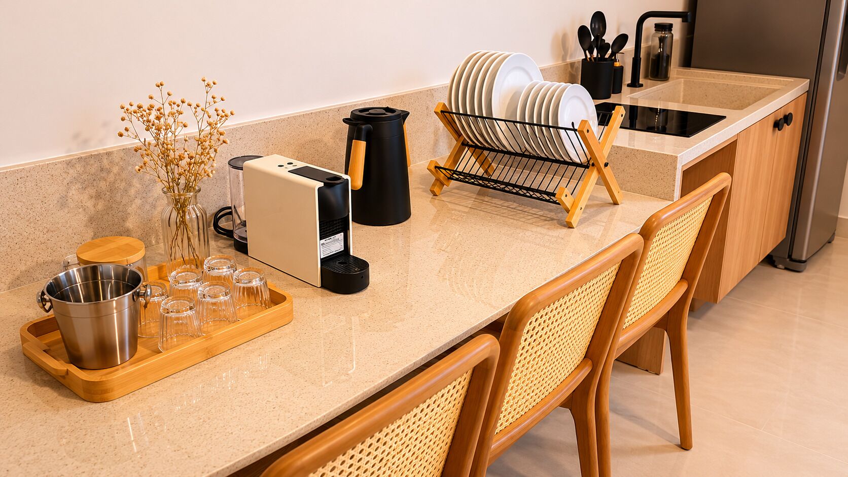 Una cocina con una cafetera, un escurreplatos, una jarra de café, un hervidor y una bandeja con vasos.