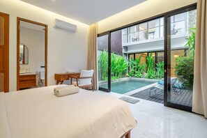 Biệt thự Deluxe, 2 phòng ngủ, hồ bơi riêng | Bộ trải giường bằng vải cotton Ai Cập, bộ đồ giường cao cấp 