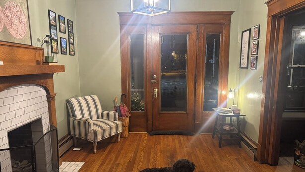 Un salón acogedor con chimenea, un perro recostado en el suelo y una puerta que da al exterior.