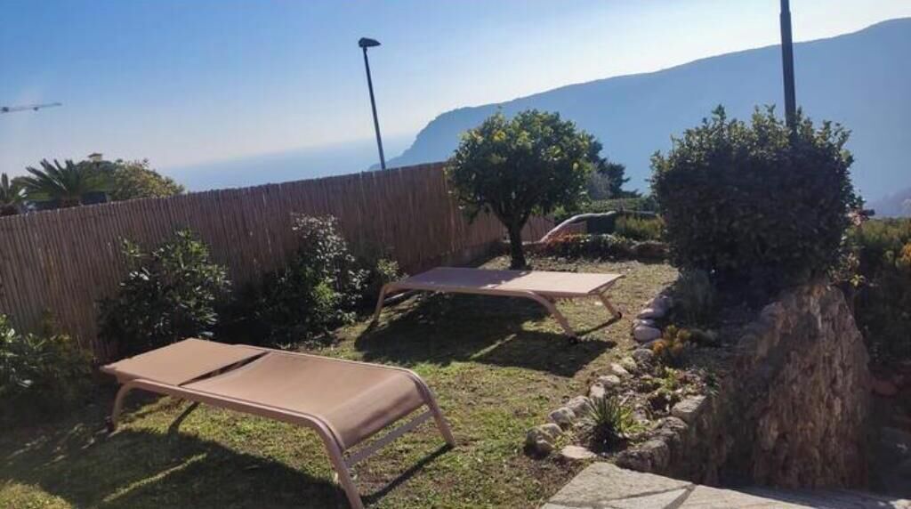 A garden with a wooden fence, a bench, and a tree.