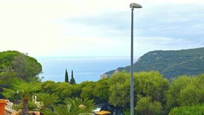 A view of a lush green landscape with a clear sky, a tall street lamp, and a distant view of the sea. - Hostdomus - Plasch Studio (Finale Ligure)