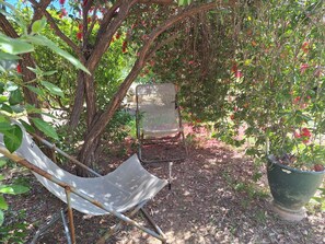 A hammock chair, a metal chair, and a potted plant in a garden setting. - Loft 4 people 80 m² on the Presqu'île de Giens (Var) Vacation rental (Hyères)