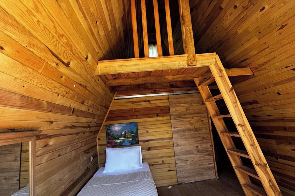 A wooden cabin with a loft bed, a ladder, and a painting on the wall.