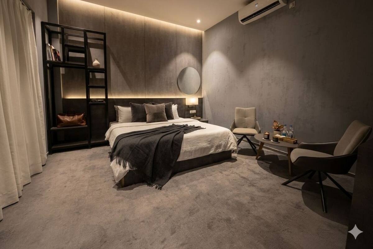 Un dormitorio moderno con una cama grande, una mesita de noche, una silla, una estantería y un espejo redondo.