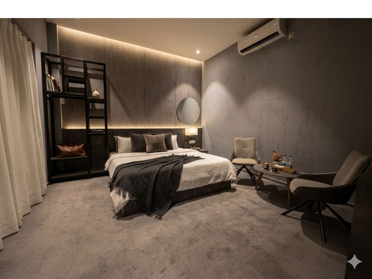 A modern bedroom with a large bed, a side table, a chair, a bookshelf, and a round mirror.