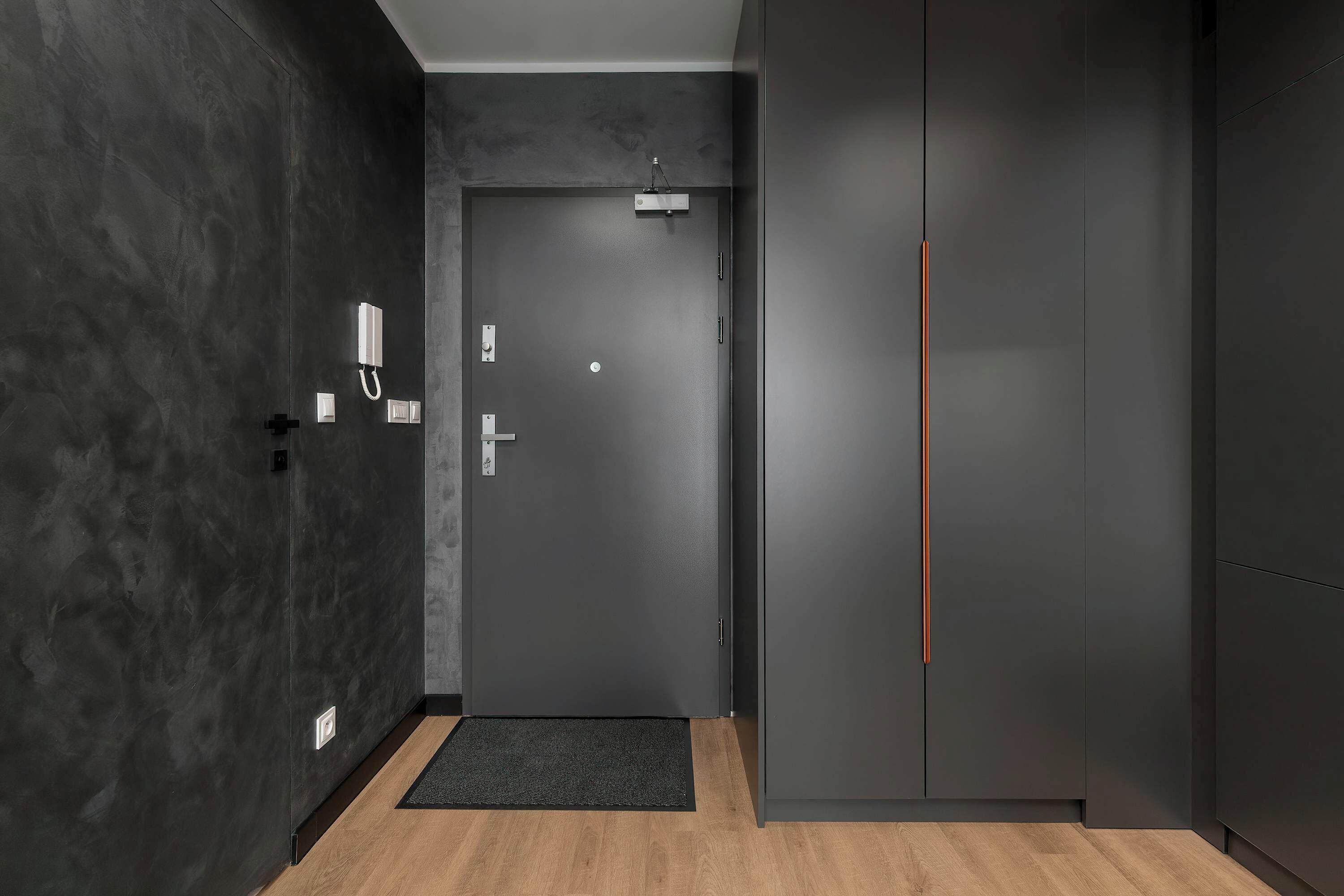 A modern hallway with a dark textured wall, a wooden floor, a black mat, a door with a light switch, and a tall cabinet.