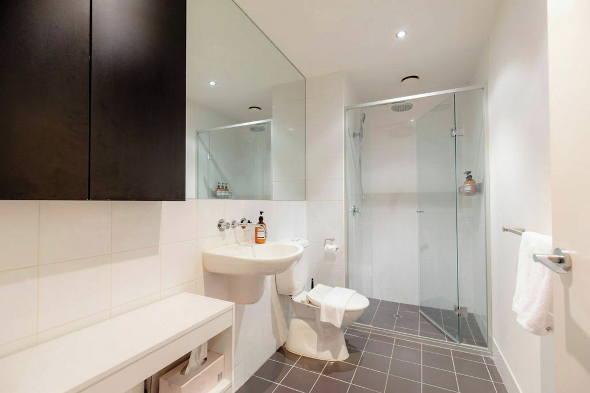 Een moderne badkamer met een witte wastafel, toilet en douchecabine.